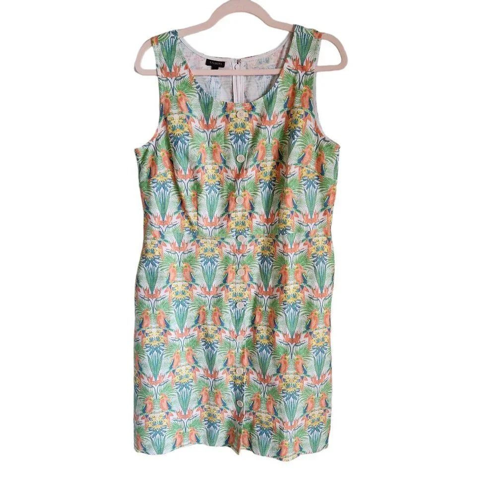 Talbots Dress 12 Green Multi Tropical Parrot Bird Floral Sleeveless Buttons NEW - Picture 1 of 11